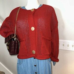 Anthropologie Terracotta Entro Open Knit Statement Button Cardigan Front Pockets